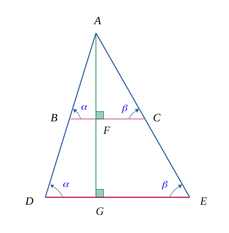 Un triangle quelconque avec une parallèle à un des côtés, plus une hauteur